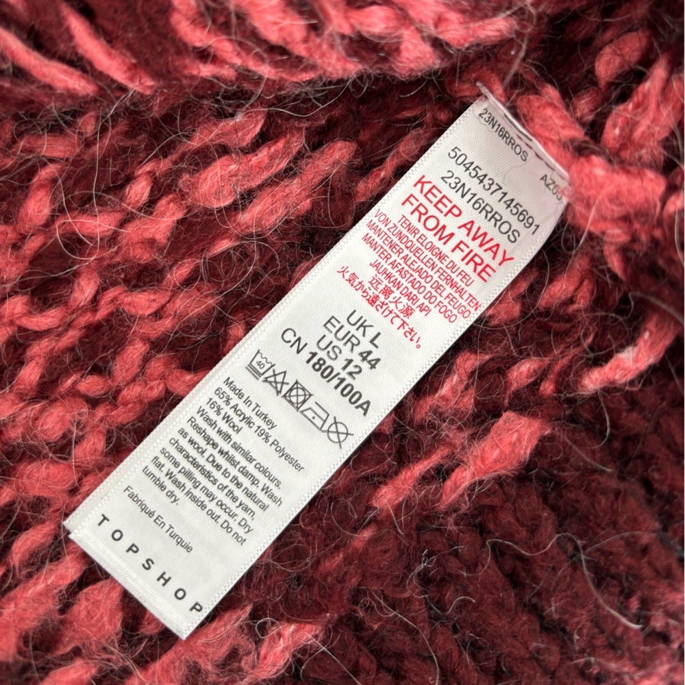 Topshop Houndstooth Cowl Neck Sweater Pink Burgundy Women’s Large Puff Sleeves - Picture 7 of 12